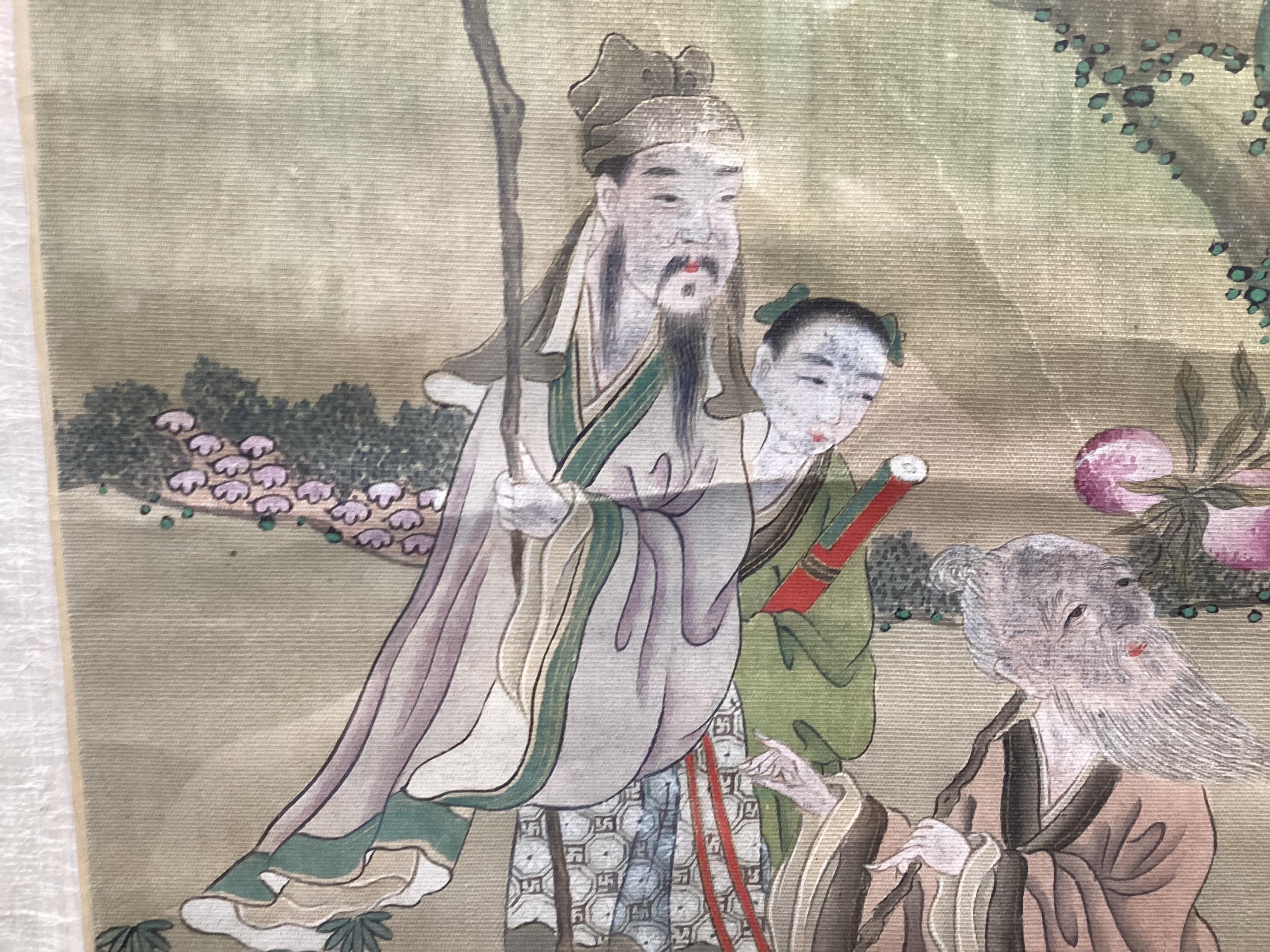 Chinese School , (late 19th century), Immortals in a landscape, Ink and colour on silk, 114.5cm x 40.5cm, excluding brocade border